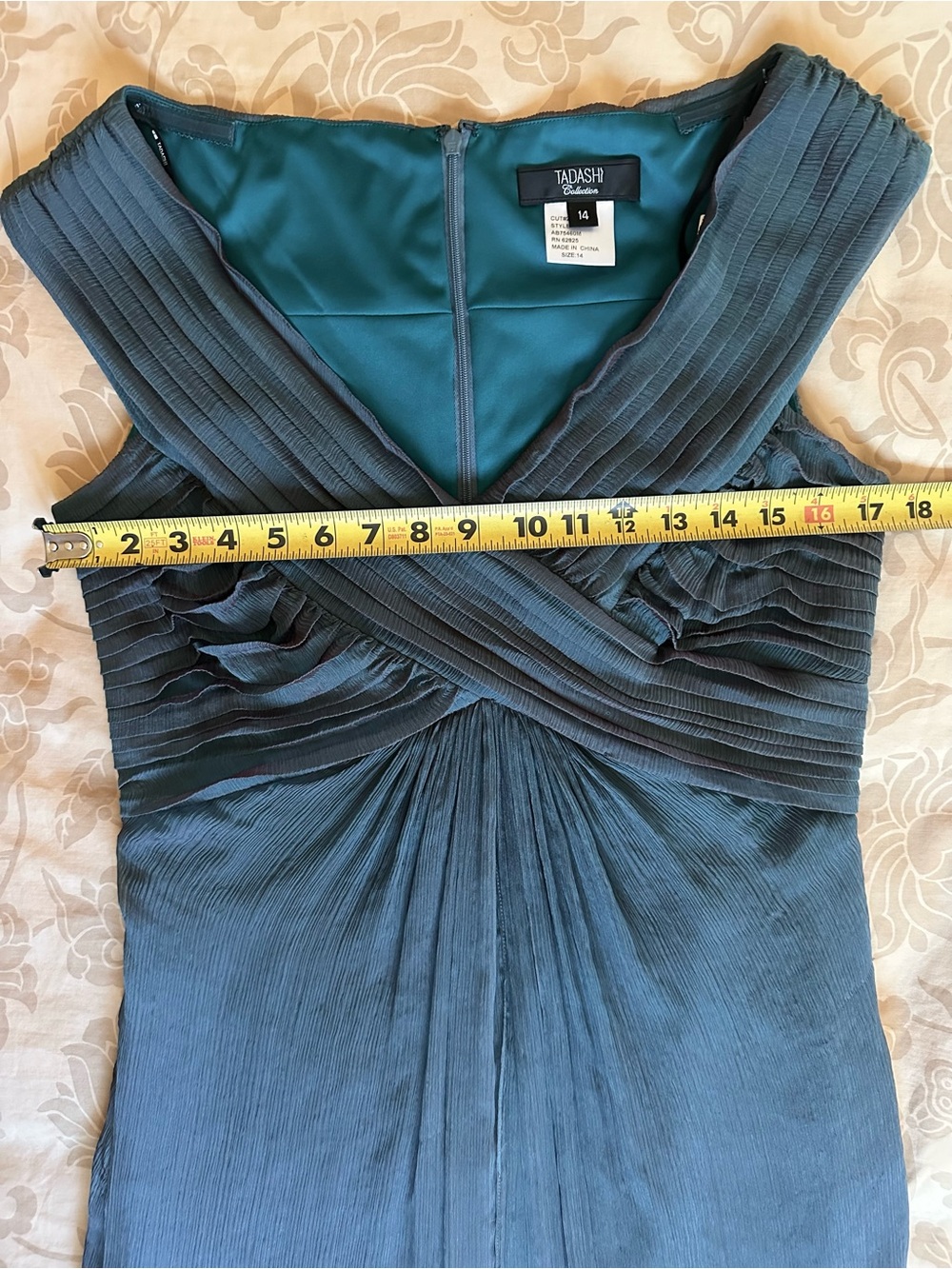 NWT Tadashi Shoji 100% Silk Iridescent Teal Pleated Crinkle Chiffon Dress 14 - Picture 12 of 15